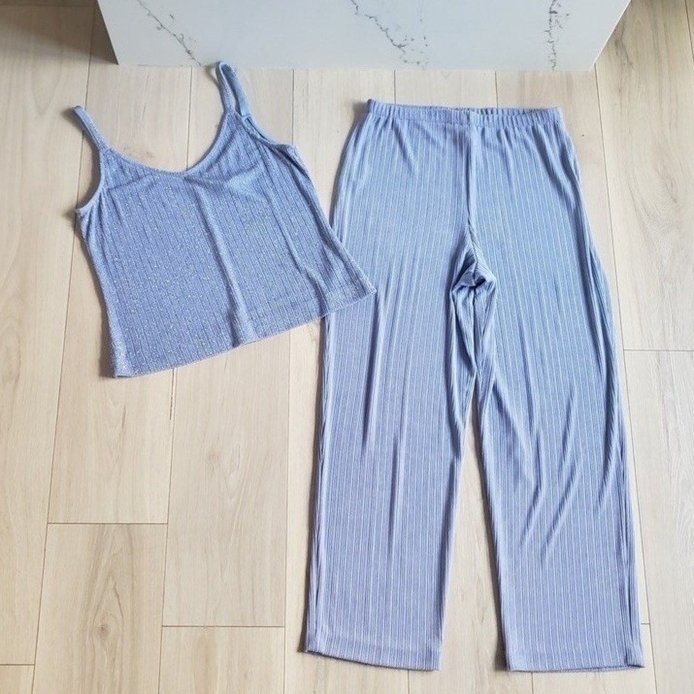 Alex Evenings Pant Set Womens 12P Blue Shimmer Plisse Vintage 2 Piece Evening